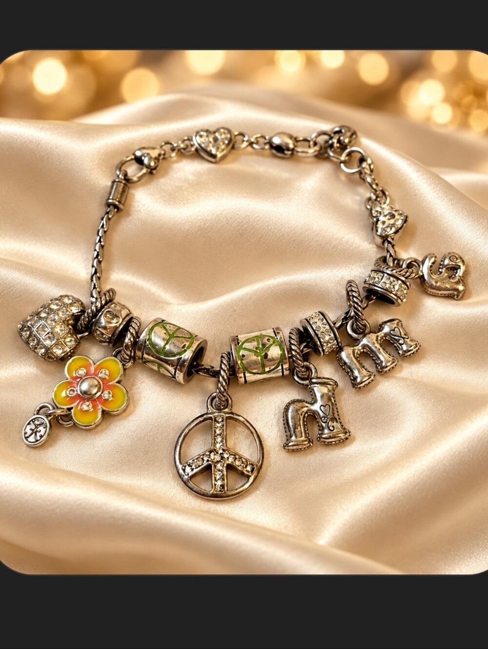 Brighton Peace Charming Charm Bracelet Silver Tone Enamel Flower & Crystals